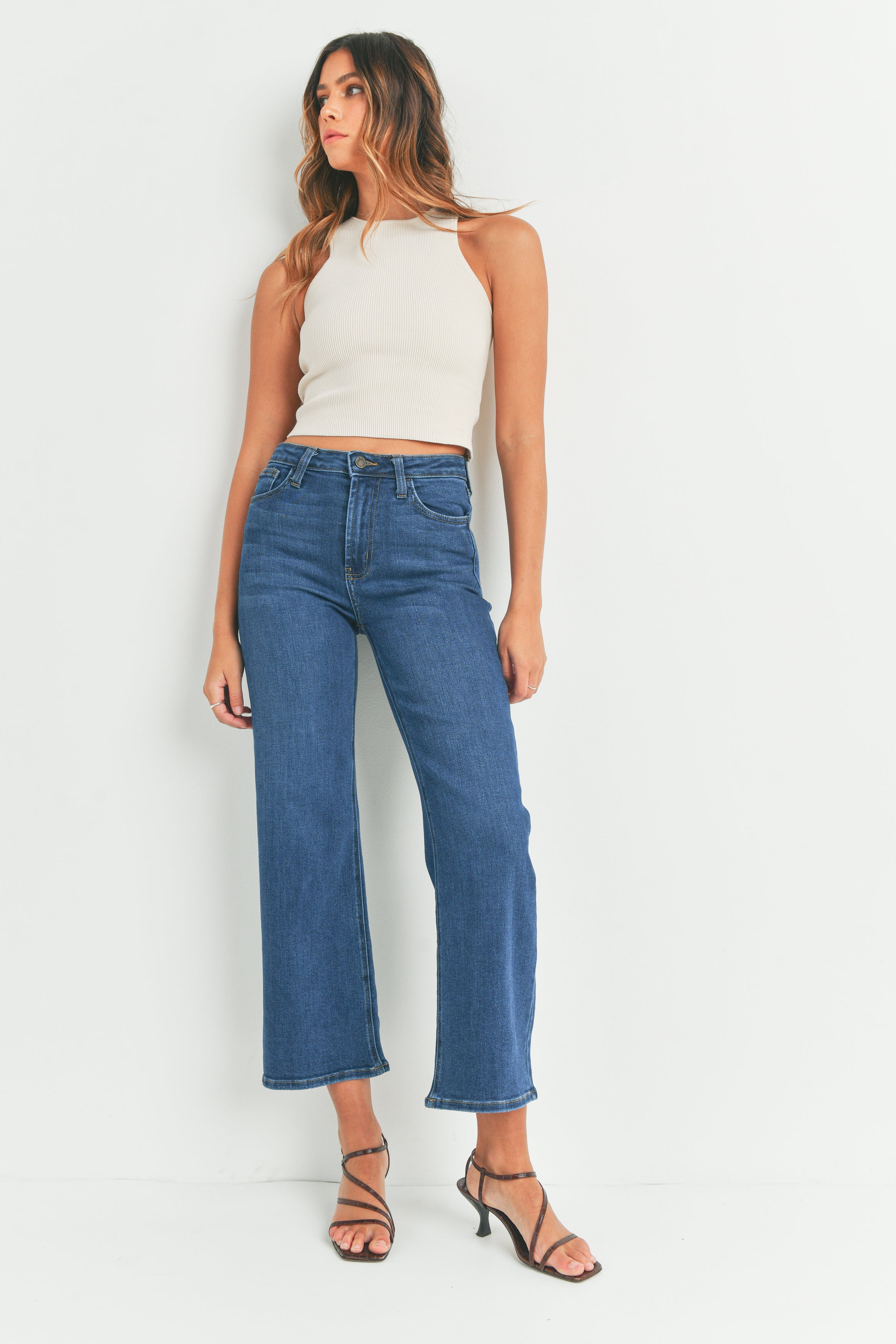 Blue Mid Rise Pleated Wide Leg Jeans